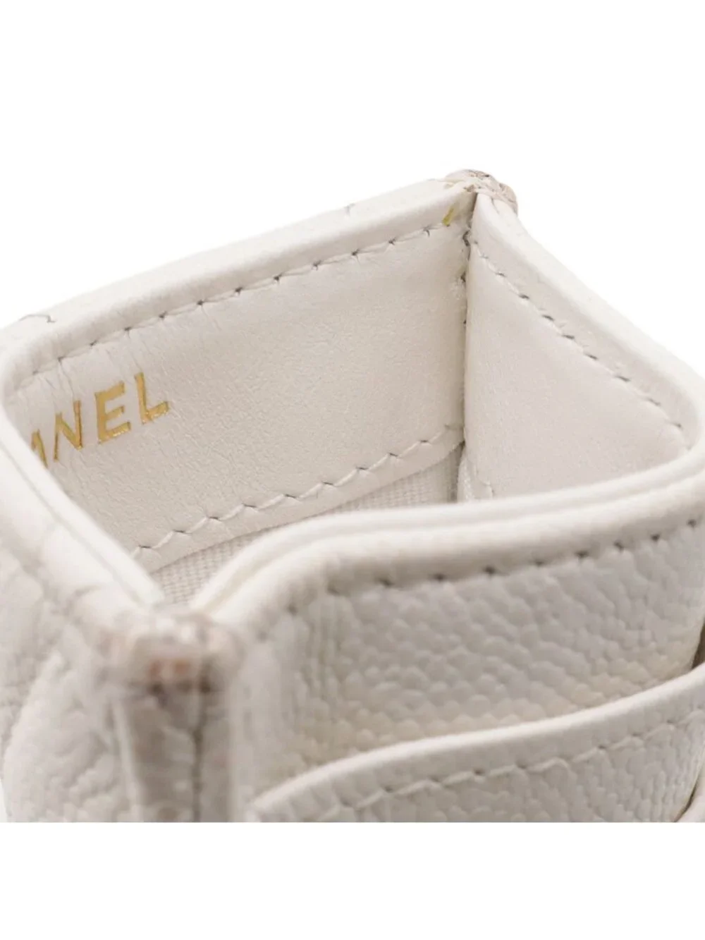 Chanel Quilted CC Logo Card Case Business Holder Caviar Leather Ivory White Gold